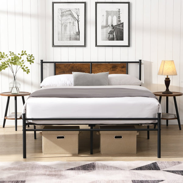 English Elm Full Size Metal Bedframe With Stylish Wood-Panel Headboard, Under-Bed Storage & Easy Assembly W2297P281496