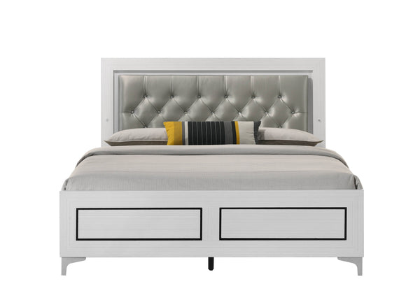 English Elm Grey Queen LED Bed with Padded Headboard, 12-Slat Support & Sturdy Legs for Comfort and Durability B062P215387
