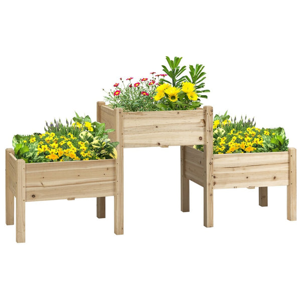 English Elm Outsunny Elevated Wooden Garden Bed With 3 Planter Boxes, Ergonomic Design & Drainage For Healthy Growth W2225P174403-GIGA