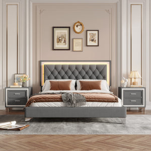 English Elm 3-Pieces Tufted Upholstered Platform Bed with Romantic LED Headboard and Two Storage Nightstands Gray 63.98 L x 23.23 W x 5.91 H N733S183659E