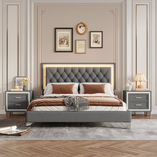 English Elm 3-Pieces Tufted Upholstered Platform Bed with Romantic LED Headboard and Two Storage Nightstands Gray 63.98 L x 23.23 W x 5.91 H N733S183659E