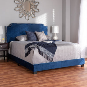 Baxton Studio Baxton Studio Darcy Luxe King Bed - Glamorous Navy Velvet Upholstered Design with Nailhead Trim Darcy-Navy-King