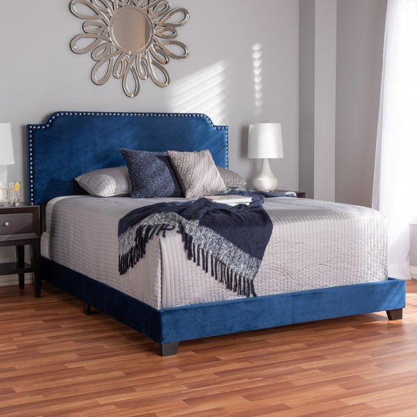Baxton Studio Baxton Studio Darcy Luxe King Bed - Glamorous Navy Velvet Upholstered Design with Nailhead Trim Darcy-Navy-King