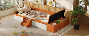 English Elm Twin Velvet Kids Daybed with Built-in Stairs Padded Guardrails and Gas Lift Storage Brown+White SF000201AAD