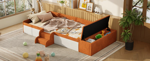 English Elm Twin Velvet Kids Daybed with Built-in Stairs Padded Guardrails and Gas Lift Storage Brown+White SF000201AAD