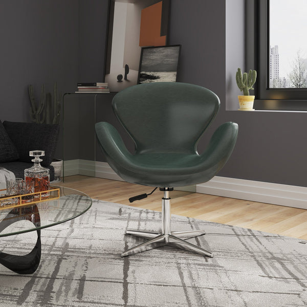 English Elm Raspberry Upholstered Swivel Lounge Chair with Adjustable Height, Polished Chrome Base & Plush Seat Green B365P397954