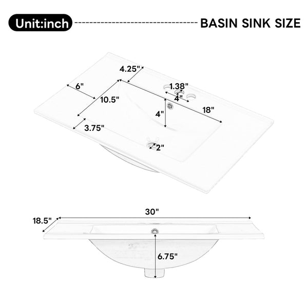 English Elm [video] 30 Inch Freestanding Bathroom Vanity White Mdf Pine Legs Ceramic Sink Soft Close N759P394441N