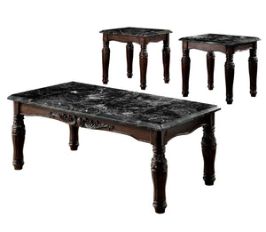 English Elm Traditional Espresso 3-Piece Coffee & End Table Set with Faux Marble Tops, Carved Turned Legs, Solid Wood Finish B011P206780
