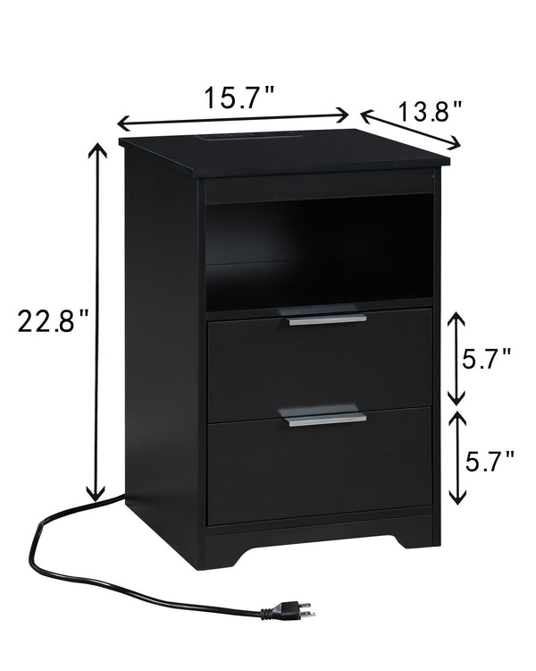English Elm Nightstand with Drawer | 3-Tier Modern Bedside Table with Hidden Drawer, Open Shelves, Sturdy Build Black 25.9 L x 16.7 W x 5.5 H W3151P345809
