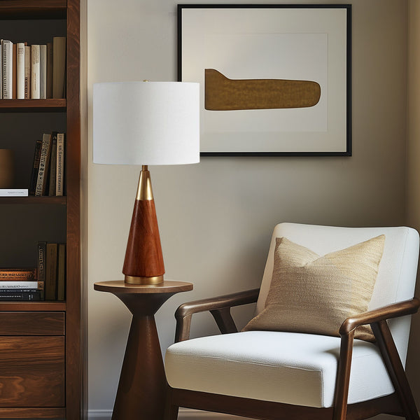 JLA Home INK+IVY - Triangular Pecan Wood Table Lamp with Gold Accents, White Drum Shade, LED Bulb Included for Mid‑Century Charm II153-0006