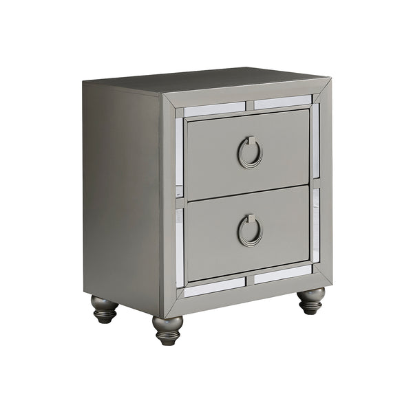 English Elm CHLOE Silver Gemstone Nightstand with Mirror Accents, Spacious Drawers, Bun Feet & Center Glide B201P215916