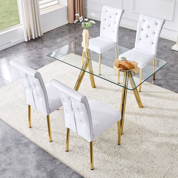 English Elm 51-inch Tempered Glass Rectangular Dining Table Electroplated Metal Base Open Plan Gold W3875S00003
