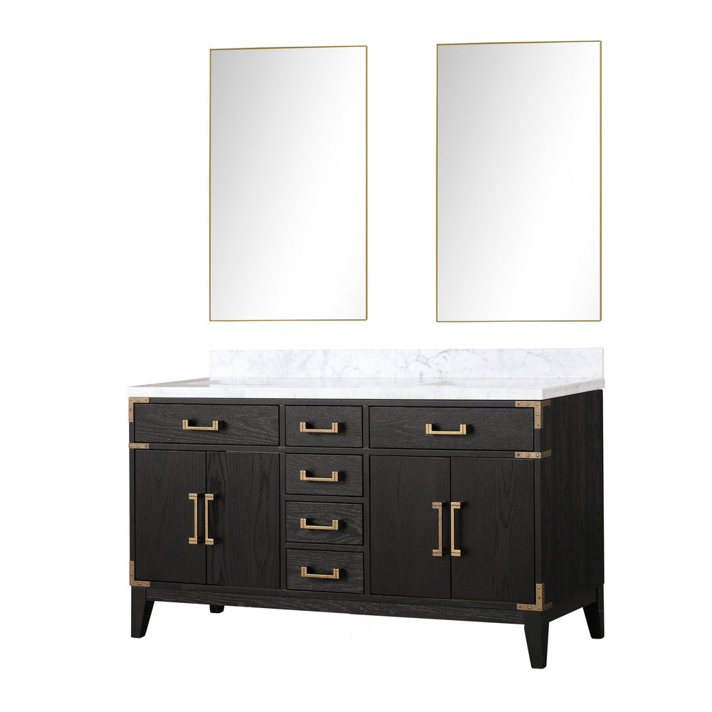 English Elm Black Oak Double Bath Vanity 60" W x 22" D with Polished Carrara Marble Top, Soft-Close Drawers & Mirrors B2731S02149