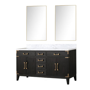 English Elm Black Oak Double Bath Vanity 60" W x 22" D with Polished Carrara Marble Top, Soft-Close Drawers & Mirrors B2731S02149