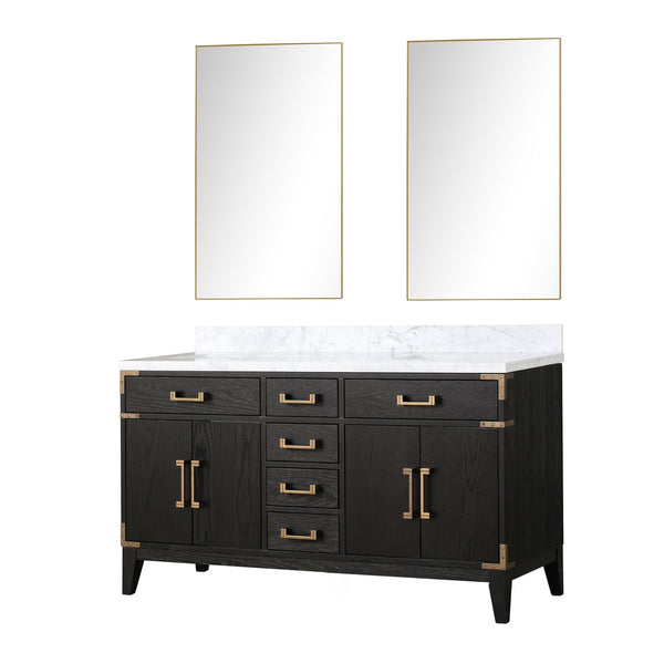 English Elm Black Oak Double Bath Vanity 60" W x 22" D with Polished Carrara Marble Top, Soft-Close Drawers & Mirrors B2731S02149