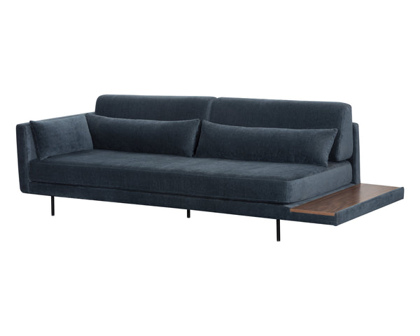 Sunpan Kalani Sofa - Modern Streamlined Design with Comfort Bolsters and Stylish Pine Wood Shelf Accent Danny Dusty Blue