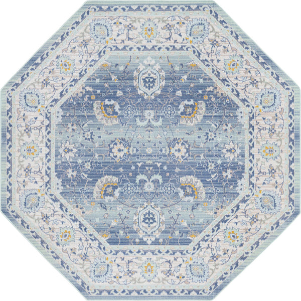 Unique Loom Whitney Bordeaux Machine Made Floral / Botanical Rug French Blue, Ivory/Light Blue/Gold/Gray/Light Green 7' 1" x 7' 1"