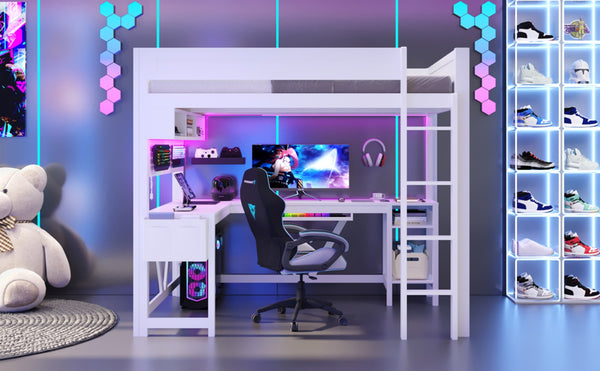 English Elm Wood Full Size Gaming Loft Bed With Desk, Led Lights, Storage Shelves & Charging Station - White N7090004022K-GIGA