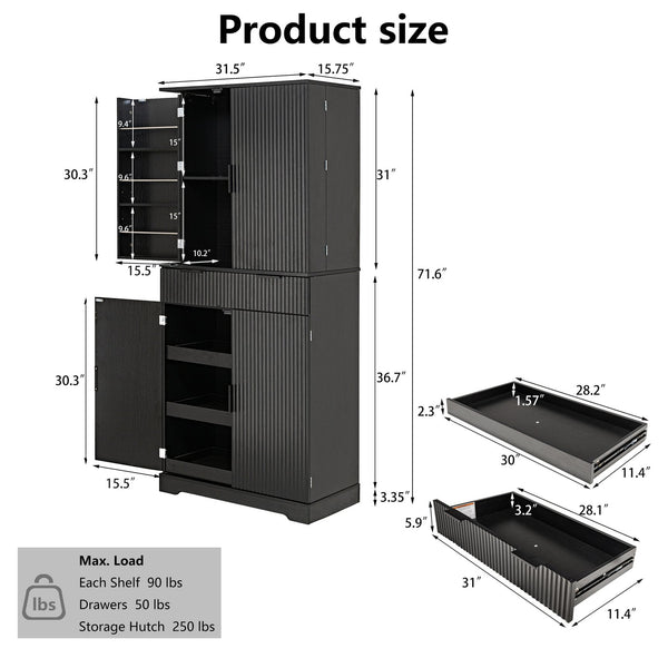 English Elm 72" Fluted Kitchen Pantry Cabinet with Anti-Tilt Stabilizers, Triple-Fold Hinges, Spice Door Racks and Deep Storage Black W2917P294985