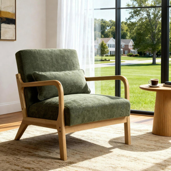 English Elm Mid Century Modern Accent Chair Rubberwood Frame Lumbar Pillow Support Living Room W2989P426365