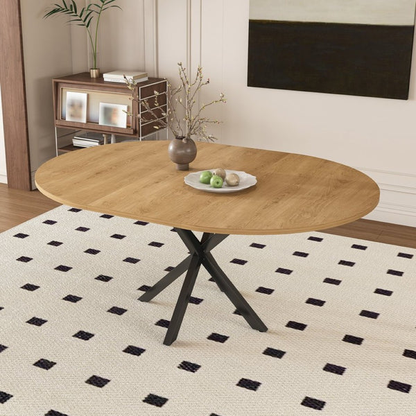 English Elm Extendable Round Oak Finish Dining Table Seats Six with Steel Base Modern Kitchen W2700P420811