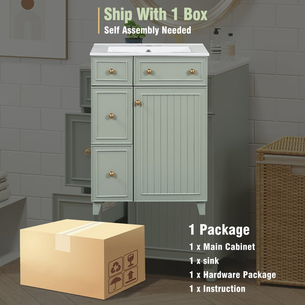 English Elm 24-Inch Bathroom Vanity Cabinet with Ceramic Sink, Space-Saving Storage, Solid Wood Feet, Durable Finish Green WF532034AAF