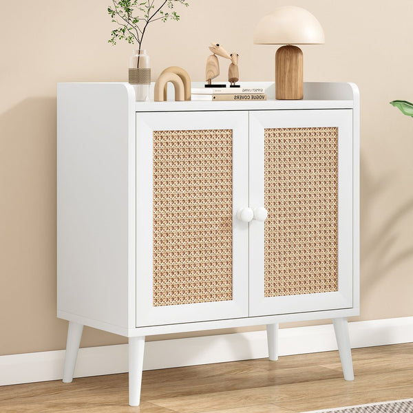 English Elm Sideboard Rattan Door Buffet Cabinet with Baffle Edge, Spacious Storage Credenza for Dining Hallway White T3623P381054