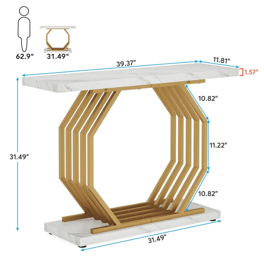 English Elm Hall Console Table Faux Marble Top Gold Geometric Base Modern Entryway Accent T3971P456214