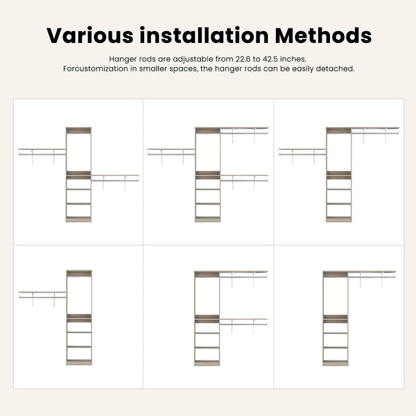 English Elm Closet Organizer: Heavy-Duty Wood Rack With 4 Adjustable Rods & 5 Shelves For 8-Foot Spaces T3623P409169
