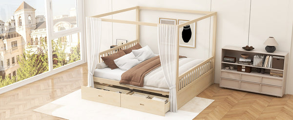 English Elm Wooden Canopy Queen Bed Solid Frame with Built-in Storage Drawers Slatted Base Natural N7090005037N