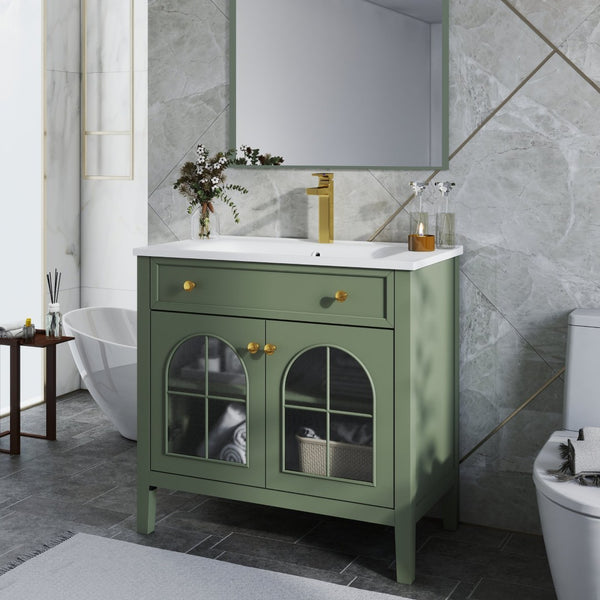 English Elm 35.6" Freestanding Bathroom Vanity with Roman Column Base and Ceramic Integrated Sink Green W1801S00014