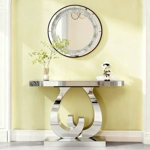 English Elm Modern Mirrored Console Table with Silver Double C Base for Entryway or Sofa W3836P382513