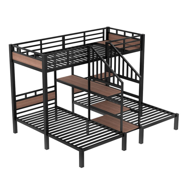 English Elm Twin Triple Bunk Bed Black Metal Frame with Built-in Storage Stairs and Shelves W1580S00619