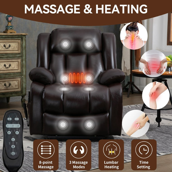 English Elm Dual Motor Power Lift Recliner with Massage Heat and 180 Degree Brown Lounge Chair W1803S00042