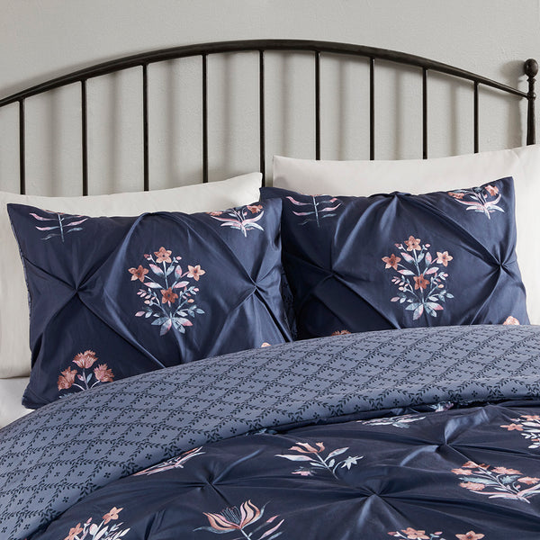 JLA Home Madison Park - 3 Piece Pintuck Duvet Cover Set Navy Floral Microfiber with Button Closures, Inner Ties & Soft Texture 90 L x 90 W x 0.13H MP12-8412