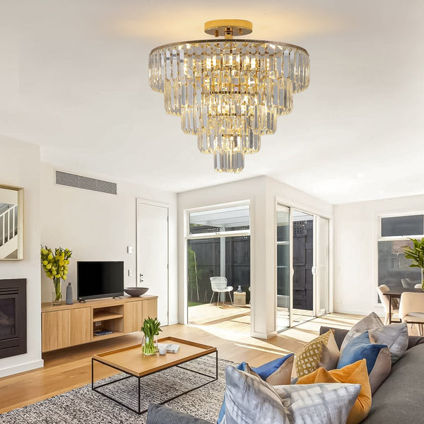 English Elm Gold Crystal 5-Tier Round Chandelier Semi-Flush Modern Luxury K9 Crystal Ceiling Light Fixture W2312P374964