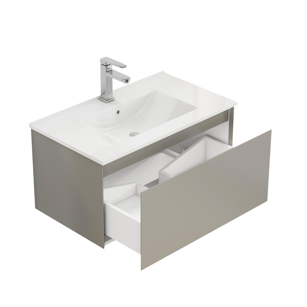 English Elm 32-Inch Wall-Mounted Bathroom Vanity With Soft-Close Drawer, Durable Ceramic Sink, Mocha Gray Finish W3151S00043