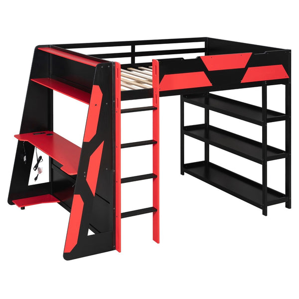 English Elm Full Size Gaming Loft Bed with Led Lighting Desk Shelves and Usb Charging Ports Black+Red N820S00076J
