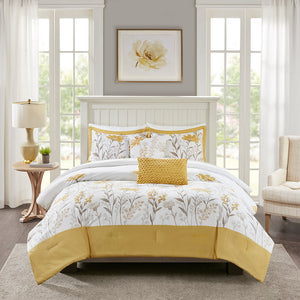 JLA Home Harbor House Blue - 5 Cotton Sateen Comforter Set with Taupe & Yellow Botanical Print, Oversized, 5-Piece Farmhouse Chic HH10-1789