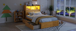 English Elm Twin Wood Storage Bed with Led Headboard Drawers and Pull Out Cabinet for Kids Natural W2593S00049