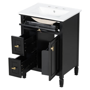 English Elm 24-Inch Bathroom Vanity with Sink, Solid Wood & MDF, Ceramic Top, Gold Handles, Flip Drawer Design Black N725P350824B