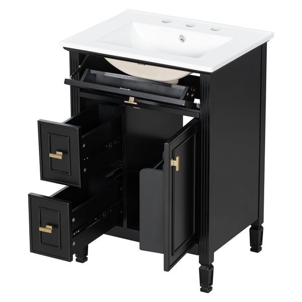 English Elm 24-Inch Bathroom Vanity with Sink, Solid Wood & MDF, Ceramic Top, Gold Handles, Flip Drawer Design Black N725P350824B
