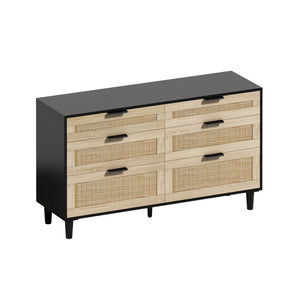 English Elm 51" Rattan Dresser with Six Drawers, Stylish Woven Storage Chest with Metal Handles and Wood Legs for Bedroom Hallway Living Room Black W757P209508