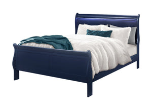 English Elm CHARLSTON Solid Wood Full Sleigh Bed with LED Headboard, Transitional Panel Design, Durable Finish Blue Queen B201S00005