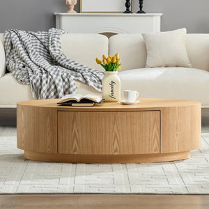 English Elm Modern Oval Mdf Coffee Table with Drawer Natural Matte Finish for Living Rooms W2085P398986