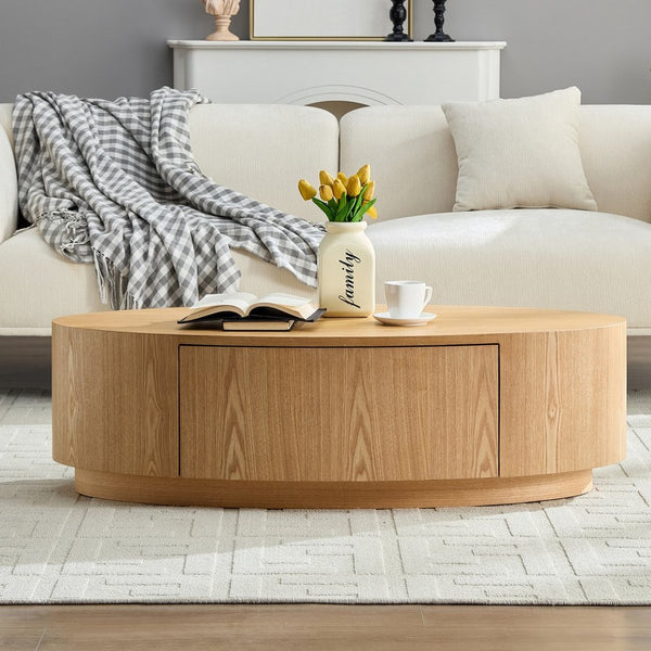 English Elm Modern Oval Mdf Coffee Table with Drawer Natural Matte Finish for Living Rooms W2085P398986