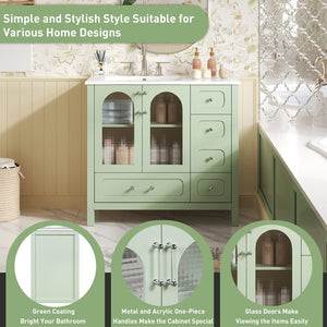 English Elm 36" Green Bathroom Vanity with Waffle Texture Doors, 4 Drawers, Glass Panels, Soft-Closing, Modern Storage N710P280025C