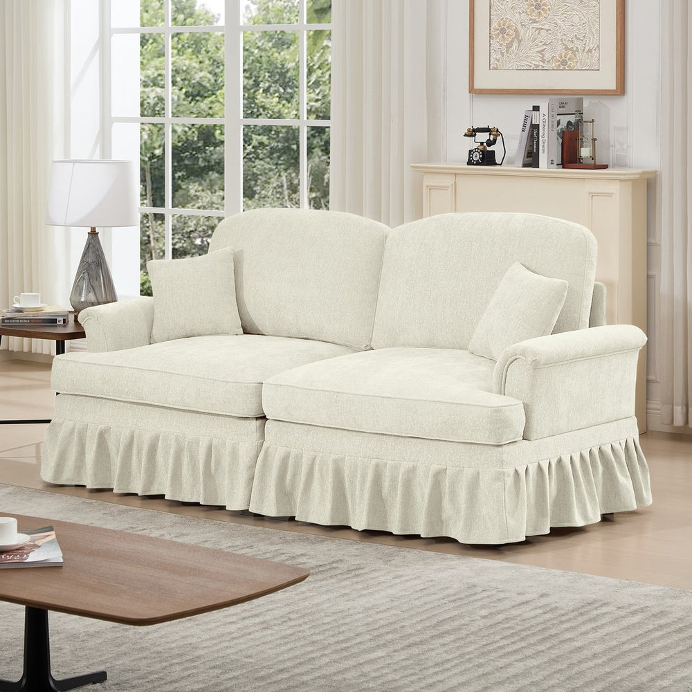 English Elm Elegant Mid Century Chenille Two-Seater Sofa With Flared Arms, Ruffled Skirts & Spindle Legs W3041S00230