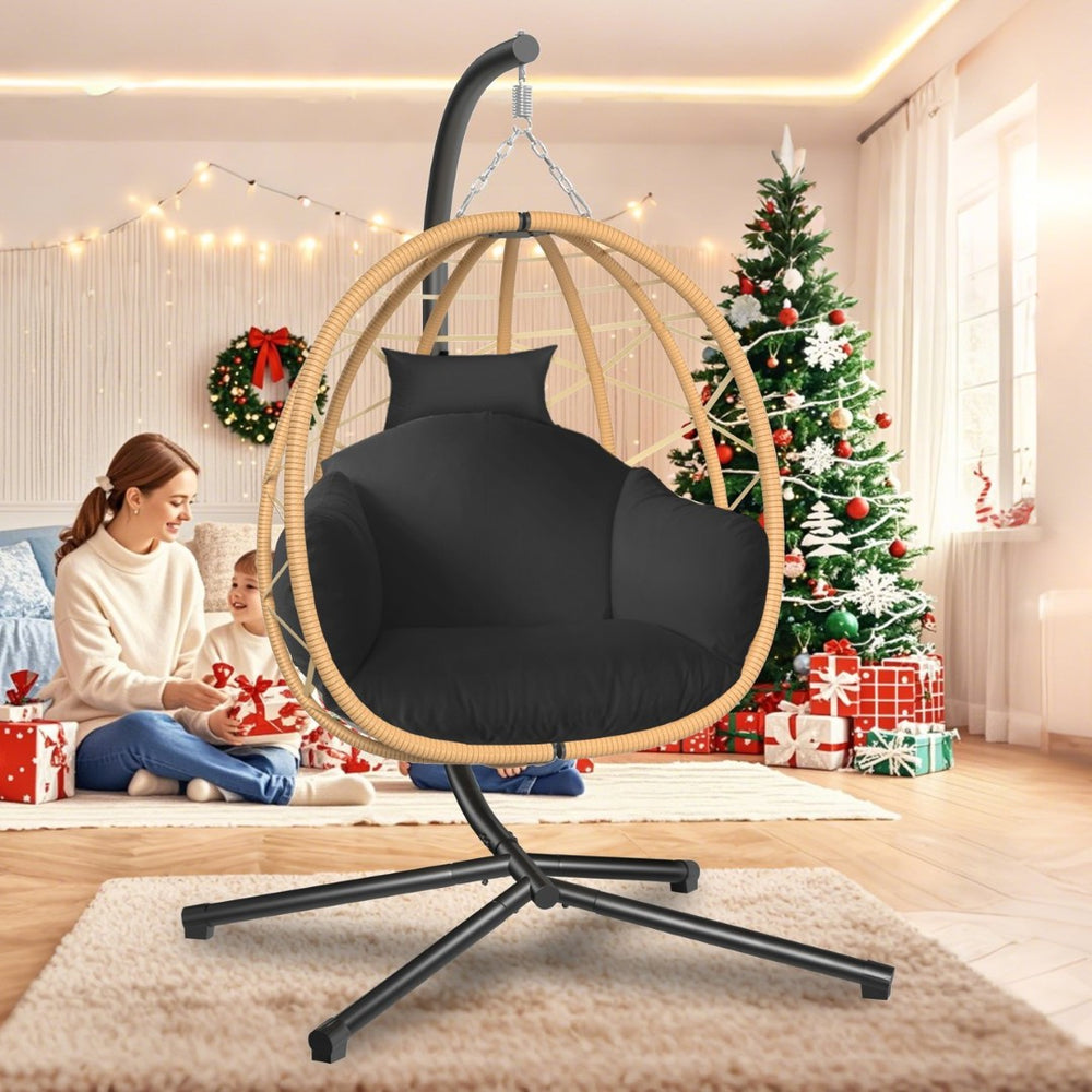 English Elm Hanging Rattan Nest Egg Chair with Stand Uv Resistant Cushion Patio Bedroom Lounge T5880P494883