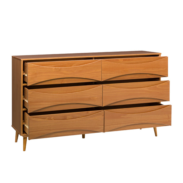 58" 6-Drawer Solid Wood Dresser with Curved Front Detail BRATT6DRDCA-T Caramel BRATT6DRDCA-T Walker Edison